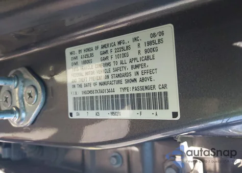 2007 Honda Accord 2.4 Ex z USA, uszkodzony, nr VIN 1HGCM567X7A013444